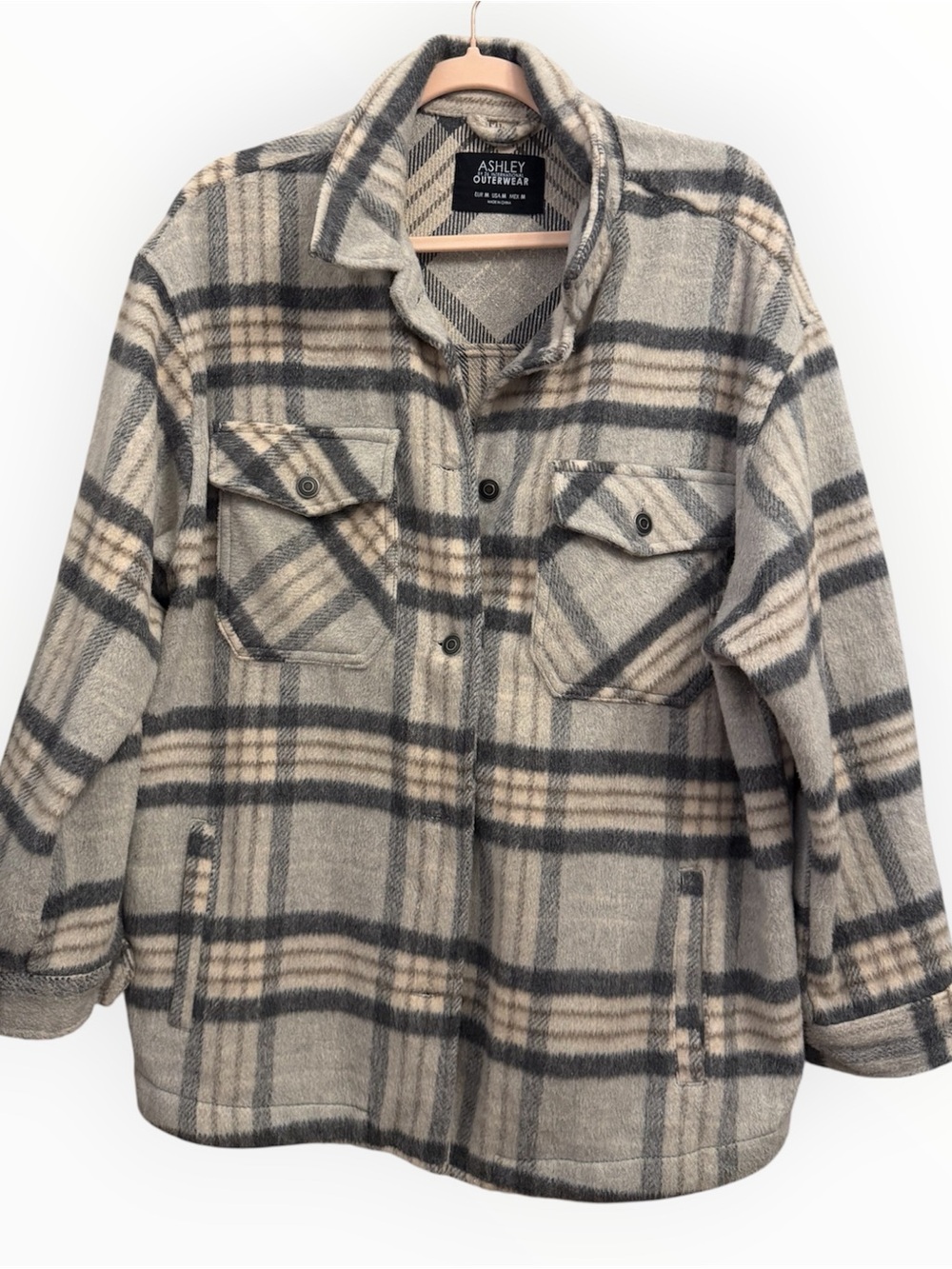 Ashley by 26 International Plaid Shacket Jacket Gray Cream Women’s M
